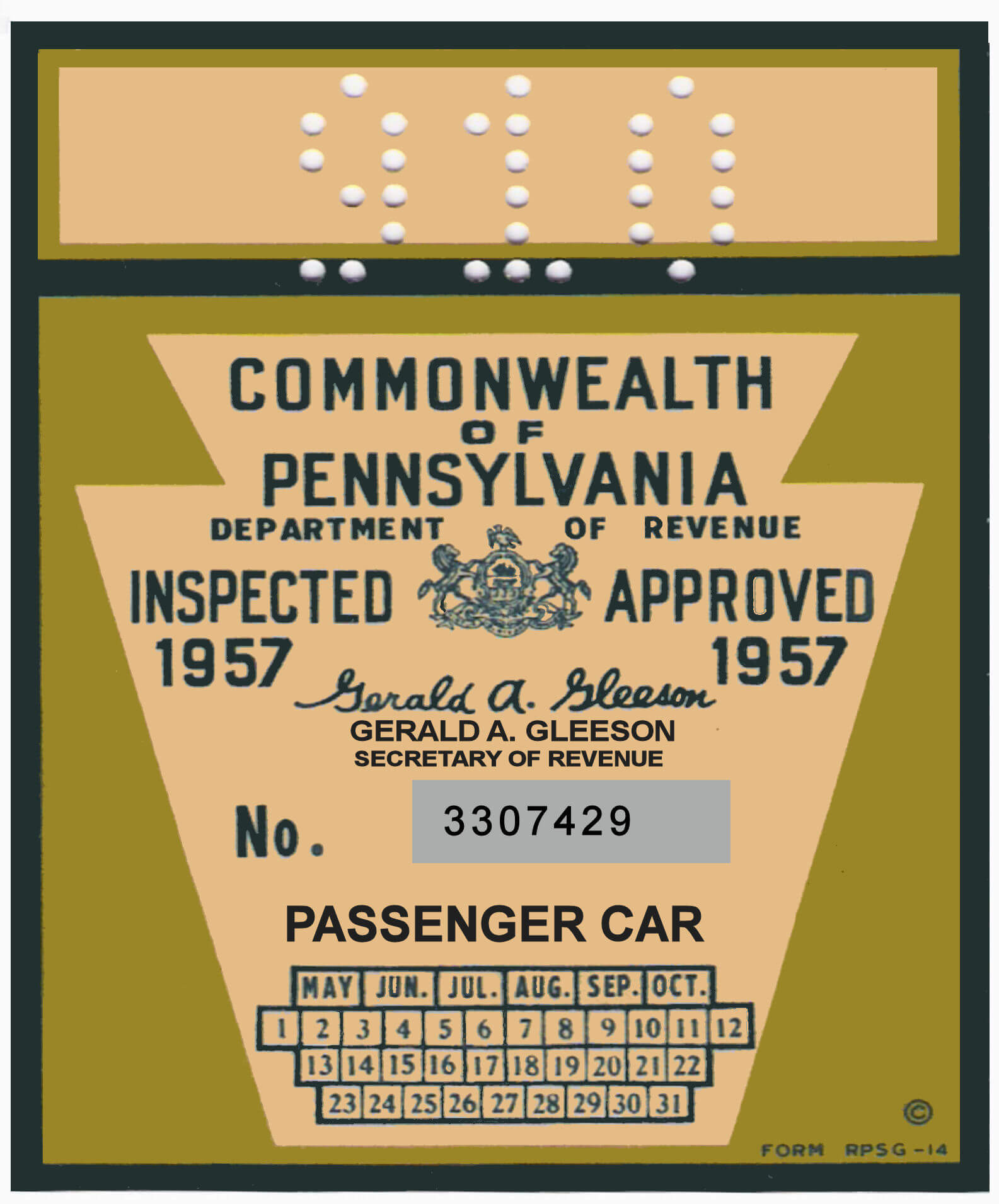 1967 Pennsylvania INSPECTION Sticker 25.00 Bob Hoyts Classic